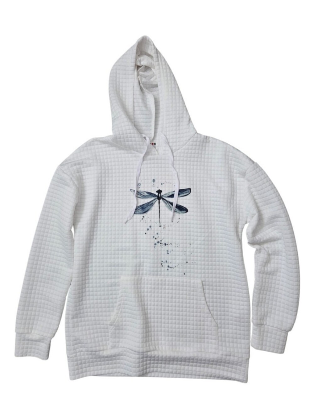 White Quilted Waffle Knit Hoodie with Dragonfly Graphic Women's Size Large NWOT